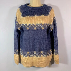 100% mohair tan blue white womens size large crew neck sweater Scandinavian knit